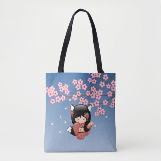 Kitsune Kokeshi Doll - Black Fox Geisha Girl Tote Bag (Voorkant)