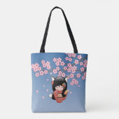 Kitsune Kokeshi Doll - Black Fox Geisha Girl Tote Bag (Achterkant)