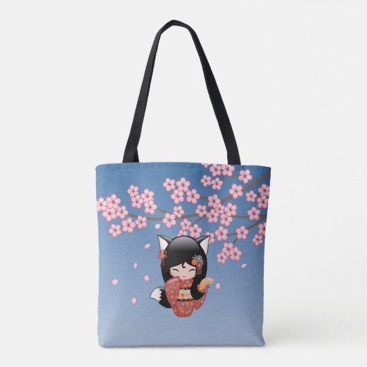 Kitsune Kokeshi Doll - Black Fox Geisha Girl Tote Bag (Achterkant)