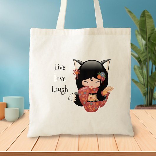 Kitsune Kokeshi Doll - Black Fox Geisha Girl Tote Bag