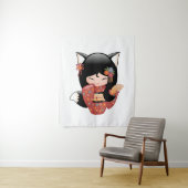 Kitsune Kokeshi Doll - Black Fox Geisha Girl Wandkleed (In situ)