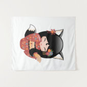 Kitsune Kokeshi Doll - Black Fox Geisha Girl Wandkleed (Voorkant (horizontaal))