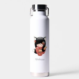 Kitsune Kokeshi Doll - Black Fox Geisha Girl Waterfles