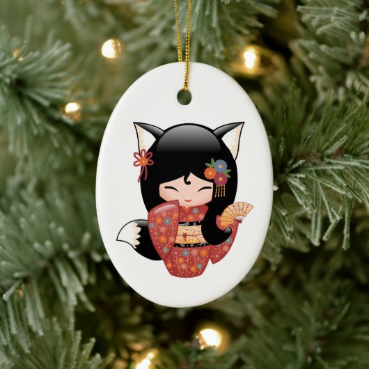 Kitsune Kokeshi Doll - Black Fox Geisha Keramisch Ornament (Boom)