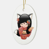 Kitsune Kokeshi Doll - Black Fox Geisha Keramisch Ornament (Links)