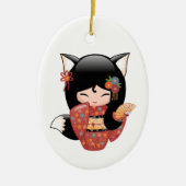 Kitsune Kokeshi Doll - Black Fox Geisha Keramisch Ornament (Voorkant)
