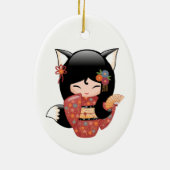 Kitsune Kokeshi Doll - Black Fox Geisha Keramisch Ornament (Achterkant)