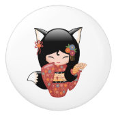 Kitsune Kokeshi Doll - Black Fox Girl Keramische Knop (Voorkant)