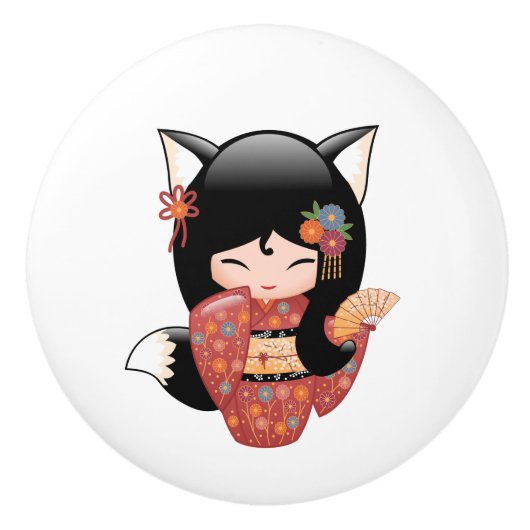 Kitsune Kokeshi Doll - Black Fox Girl Keramische Knop (Voorkant)