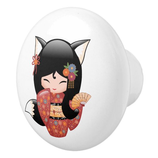 Kitsune Kokeshi Doll - Black Fox Girl Keramische Knop (Rechts)