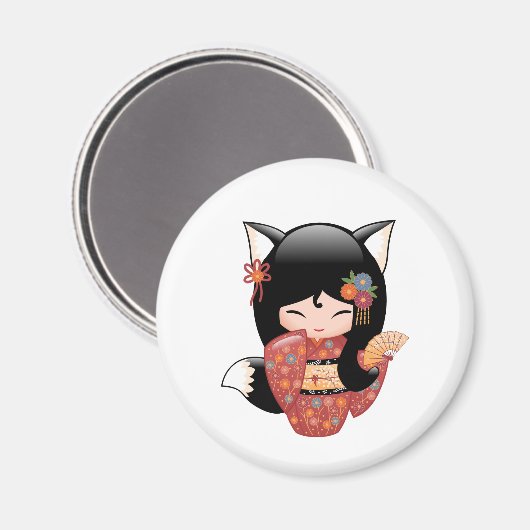 Kitsune Kokeshi Doll - Black Fox Girl Magneet (Voorkant / Achterkant)