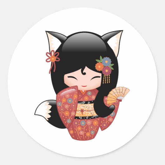 Kitsune Kokeshi Doll - Black Fox Girl Ronde Sticker (Voorkant)