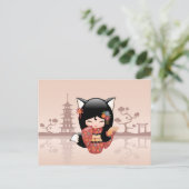 Kitsune Kokeshi Doll - Cute Black Fox Girl Briefkaart (Staand voorkant)