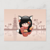 Kitsune Kokeshi Doll - Cute Black Fox Girl Briefkaart (Voorkant)