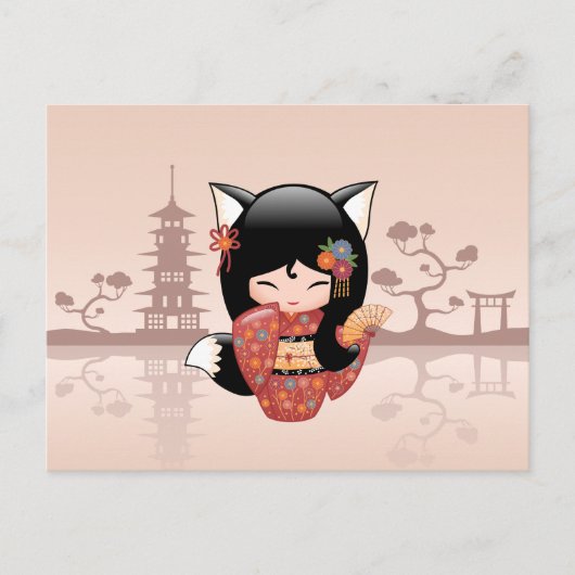 Kitsune Kokeshi Doll - Cute Black Fox Girl Briefkaart (Voorkant)