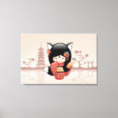 Kitsune Kokeshi Doll - Cute Black Fox Girl Canvas Afdruk (Voorkant)