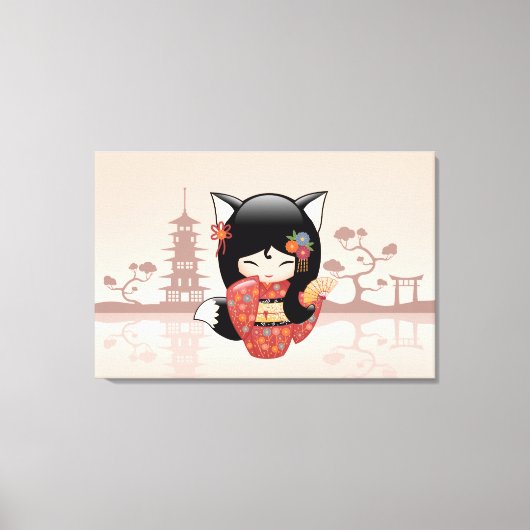 Kitsune Kokeshi Doll - Cute Black Fox Girl Canvas Afdruk (Voorkant)