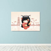 Kitsune Kokeshi Doll - Cute Black Fox Girl Canvas Afdruk (Insitu (Houten vloer))