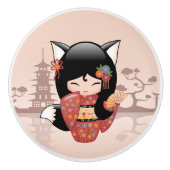 Kitsune Kokeshi Doll - Cute Black Fox Girl Keramische Knop (Voorkant)
