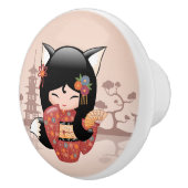Kitsune Kokeshi Doll - Cute Black Fox Girl Keramische Knop (Rechts)