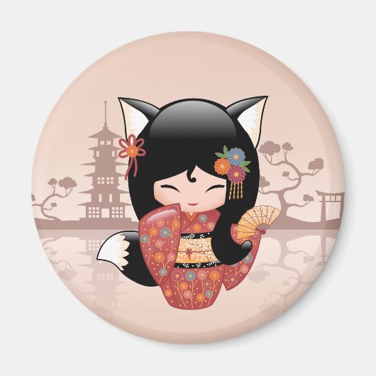 Kitsune Kokeshi Doll - Cute Black Fox Girl Magneet (Voorkant)