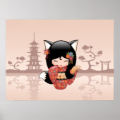 Kitsune Kokeshi Doll - Cute Black Fox Girl Poster (Voorkant)