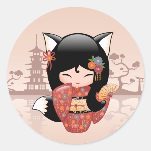 Kitsune Kokeshi Doll - Cute Black Fox Girl Ronde Sticker (Voorkant)