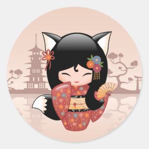 Kitsune Kokeshi Doll - Cute Black Fox Girl Ronde Sticker