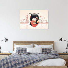 Kitsune Kokeshi Pop - Schattig zwart vos meisje Canvas Afdruk