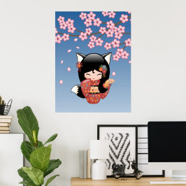 Kitsune Kokeshi Pop - Zwarte Vos Geisha Meisje Poster
