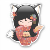 Kitsune Kokeshi Pop - Zwarte Vosse Geisha Meisje Sticker (Voorkant)