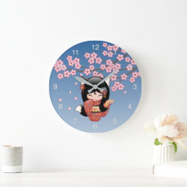 Kitsune Kokeshi Pop - Zwarte Vossen Geisha Meisje Grote Klok
