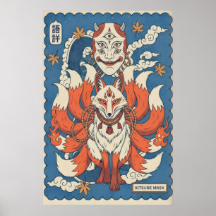 Kitsune-maskerkunst Gehoornde Vossen geest met esd Poster