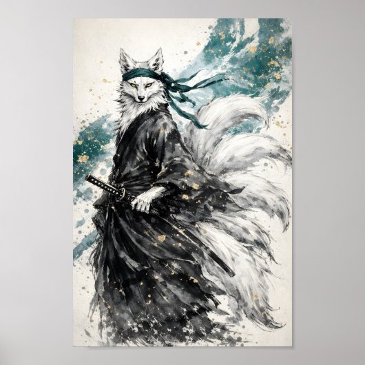 Kitsune Negen Staarten Vos Samurai Inkt Wassen Kun Poster (Voorkant)