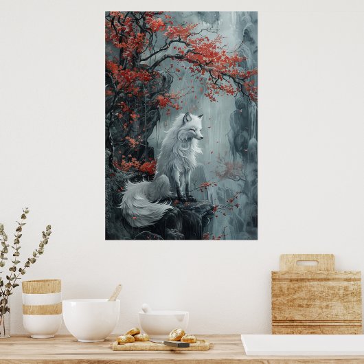  Kitsune Spirit – Japanese Fox in Blossom Forest Poster (Keuken)