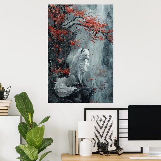  Kitsune Spirit – Japanese Fox in Blossom Forest Poster (Thuiskantoor)