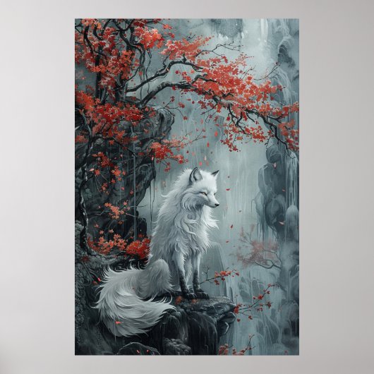  Kitsune Spirit – Japanese Fox in Blossom Forest Poster (Voorkant)