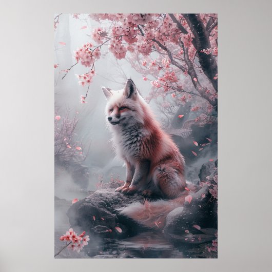 Kitsune Spirit – Japanese Fox in Blossom Forest Poster (Voorkant)
