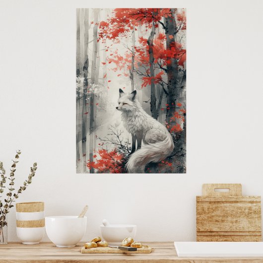 Kitsune Spirit – Japanese Fox in Blossom Forest Poster (Keuken)
