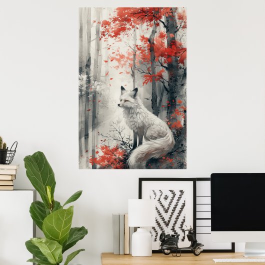 Kitsune Spirit – Japanese Fox in Blossom Forest Poster (Thuiskantoor)