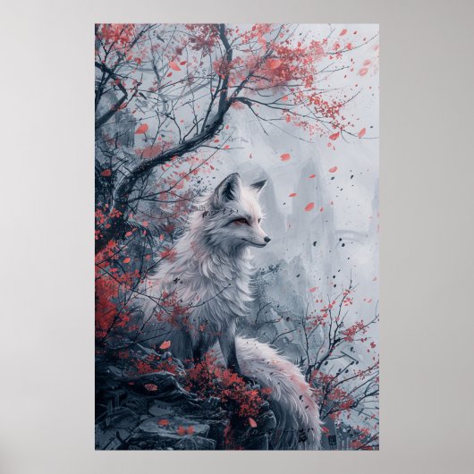  Kitsune Spirit – Japanese Fox in Blossom Forest Poster (Voorkant)