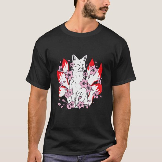 Kitsune-vos met Japanse kitsune en kersenbloesem T-shirt (Voorkant)