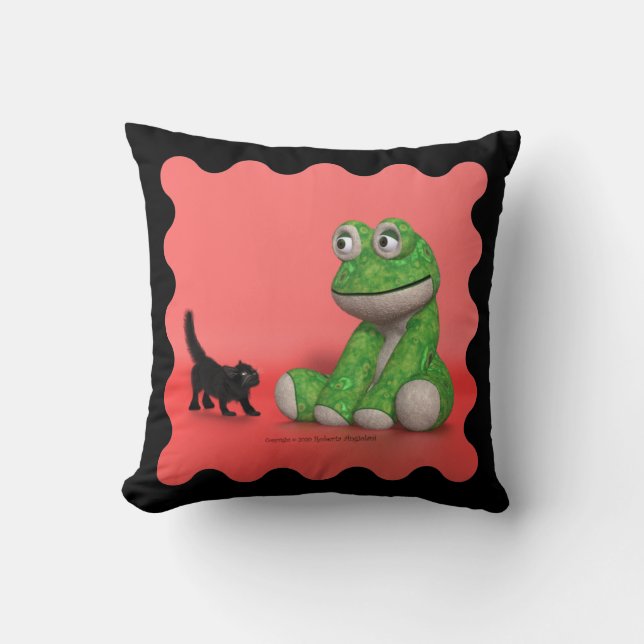 Kitten and plush-frog throw pillow kussen (Voorkant)