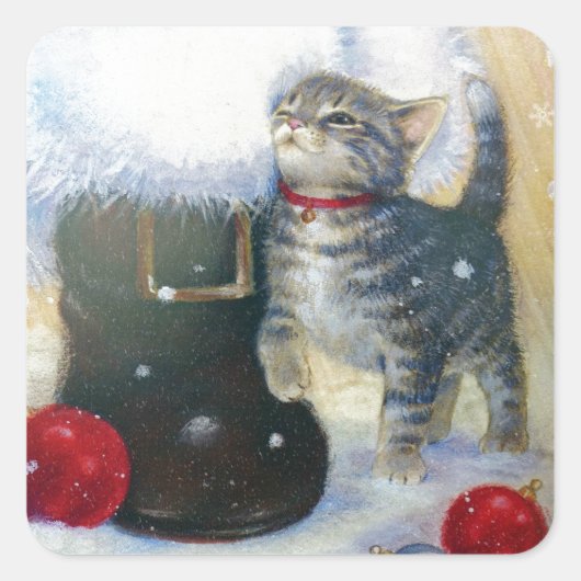 Kitten bij Santa's Boot Vierkante Sticker (Voorkant)