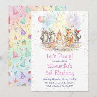 Kitten Birthday Invitation, Cute Cat Girl Theme Kaart