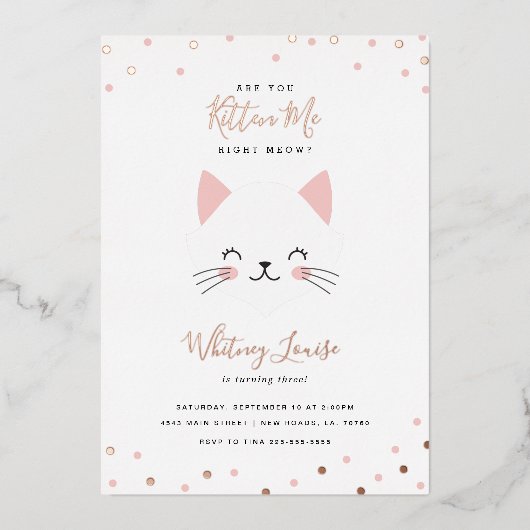 Kitten Birthday Party Folie Uitnodiging (Voorkant)
