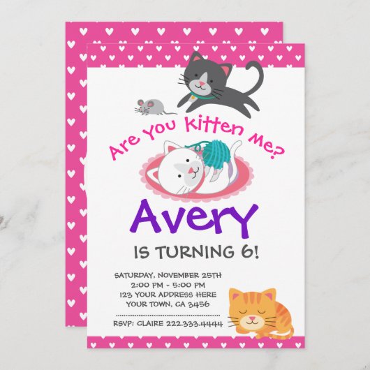 Kitten Birthday Uitnodiging, Pet-adoptiegroep Kaart (Voorkant / Achterkant)