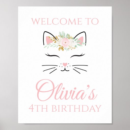 Kitten Birthday Welkomstteken Floral kat face Poster (Voorkant)