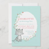 Kitten Blauwgroen Floral Birthday Party Kaart (Voorkant)