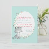 Kitten Blauwgroen Floral Birthday Party Kaart (Staand voorkant)